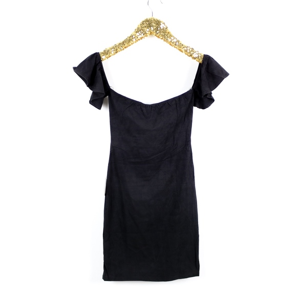 Black Off shoulder Faux Suede Bodycon Party Dress - Picture 6 of 6